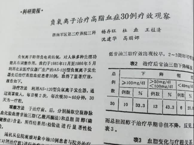 臨床實驗證實：負(fù)氧離子對高血脂癥的治療效果高達(dá)96.6%